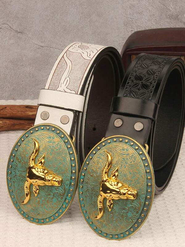 3.7cm Wide Vintage Style Bullhead Metal Buckle Leather Belt, Gift For Valentines/Thanksgiving