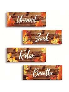 4 件枫叶“呼吸放松放松浸泡”秋季浴室装饰搭接墙饰套装 8*4 英寸乡村丰收节家庭房间装饰感恩节家庭聚会装饰餐厅厨房壁炉装饰秋季装饰万圣节秋季装饰