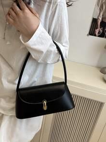 Bolso baguette de concha retro con decoración de cerradura de metal de cuero PU suave, bolso de hombro para mujer, nuevo bolso de mano para dama, bolso cuadrado pequeño - Negro - Ver 5