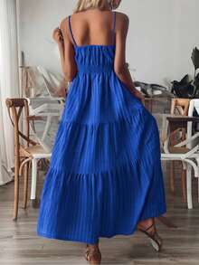 Vestido Liso Para Mujer Con Tirantes,Vestido Con Cintura Fruncida Y Elástico, Vestido Largo Con Ribete Fruncido - Azul - Ver 2