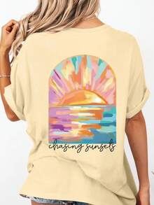 Camiseta de talla grande para mujer con estampado de coco, camiseta suelta de color cómodo con puesta de sol, camiseta de playa de vacaciones de verano de talla grande, camiseta de surf de verano, blusas, camisetas, verano para mujer, camisetas gráficas para mujer, blusas para mujer, camiseta de talla grande - Albaricoque - Ver 6