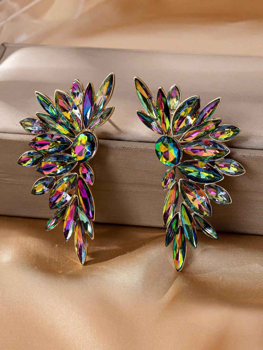 1 Pair European & American Fashion 3D Alloy Rhinestone Decorated Latin Dance Feather Stud Earrings (Red & Multicolor, Actual Color May Vary From Image)
