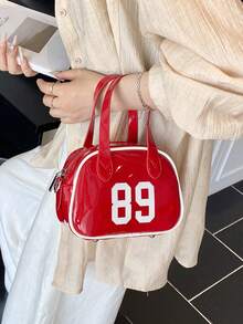 时尚新款女士手提保龄球包，简约别致的数字印花纯色 PU 涂层，带有金属装饰，底部铆钉装饰，双拉链开口，轻巧宽敞，适合旅行、购物、约会