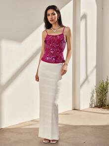 Women Summer Camisole Casual Sequin Embroidery Tie Up Backless Spaghetti Straps Tank Tops Sleeveless T-Shirt - 玫紅色 - 查看 6