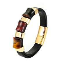 New Fashion Tiger's Eye Stone Chakra Jewelry Charm Stainless Steel Men's Leather Bracelet 100% Natural Stone Bracelet Wholesale