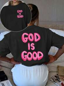 Große Größen "Gott ist gut" Christlicher Frauen Rundhals Kurzarm T-Shirt, bequeme lässige Passform, rosa Schriftzug Grafik vorne und hinten, minimalistische Stil Bekleidung