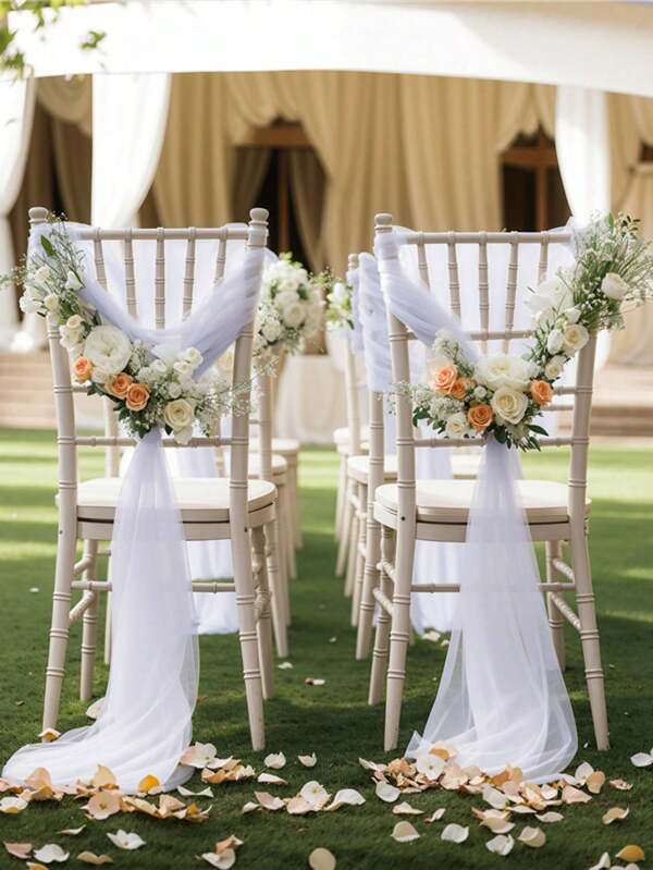 1/5/10 piezas Bandas para sillas blancas de 63" X 39" de largo para decorar la parte trasera y lateral de las sillas en el pasillo de una boda. Tela de gasa adecuada para decoración de boda, columpio, telón de fondo, fiesta de cumpleaños, escenario, carpa, mesa y silla de boda.