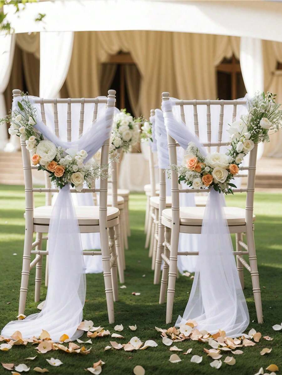 1/5/10 piezas Bandas para sillas blancas de 63" X 39" de largo para decorar la parte trasera y lateral de las sillas en el pasillo de una boda. Tela de gasa adecuada para decoración de boda, columpio, telón de fondo, fiesta de cumpleaños, escenario, carpa, mesa y silla de boda.