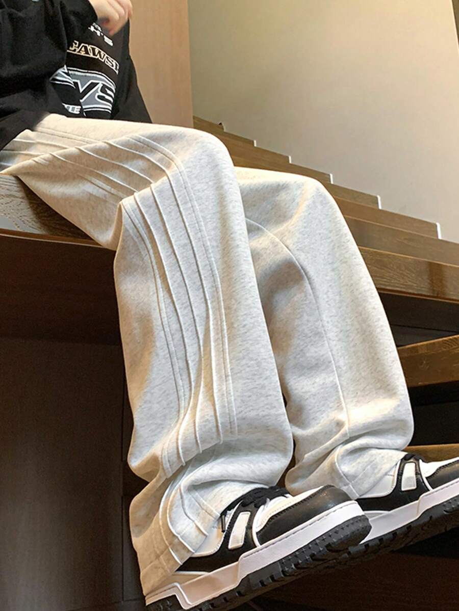 Teen Girls' Grey Casual Toothpick Striped Design Loose Fit Wide Leg Sweatpants