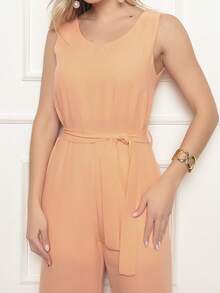 Women's Sleeveless Long Jumpsuit With High Waist Tie Belt And Side Pockets – Elegant And Comfortable - 鮭魚 - 查看 6