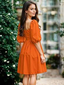 Vestido Corto de Escote Cuadrado con Manga Abullonada Casual para Mujer - Naranja - Ver 4