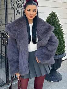 GDDYIN 女士冬季新款纯色仿皮草短款夹克，优雅优质外套，适合晚间约会 - 灰色 - 查看 5