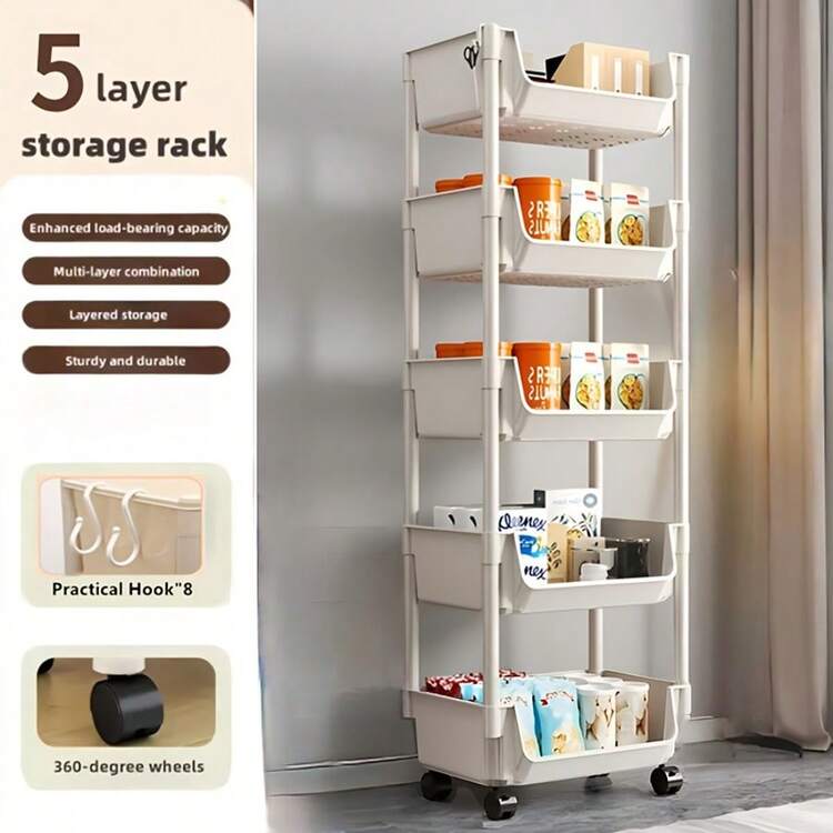 Multi Layer Mobile Bookshelf With Wheels That Can Be Moved To The Ground, Suitable For Storing Books, Office And Learning Supplies In Living Rooms, Bedrooms, And Offices, With 5 Layers Of White Color - 白色 - 查看 3