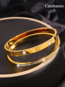 Camhanno 2pcs Of Simple And Fashionable, Elegant And Charming Stainless Steel Zirconia Different Shapes And Styles Bracelet Combination, Add Points To Your Beauty, Suitable For Daily Wear To Send Lovers/Best Friend - Yellow Gold - View 11