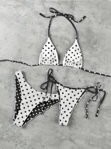 Valentine's Day Sexy Polka Dot Print 3 PiecesWomen Bikini Swimsuit - Multicolor - View 1