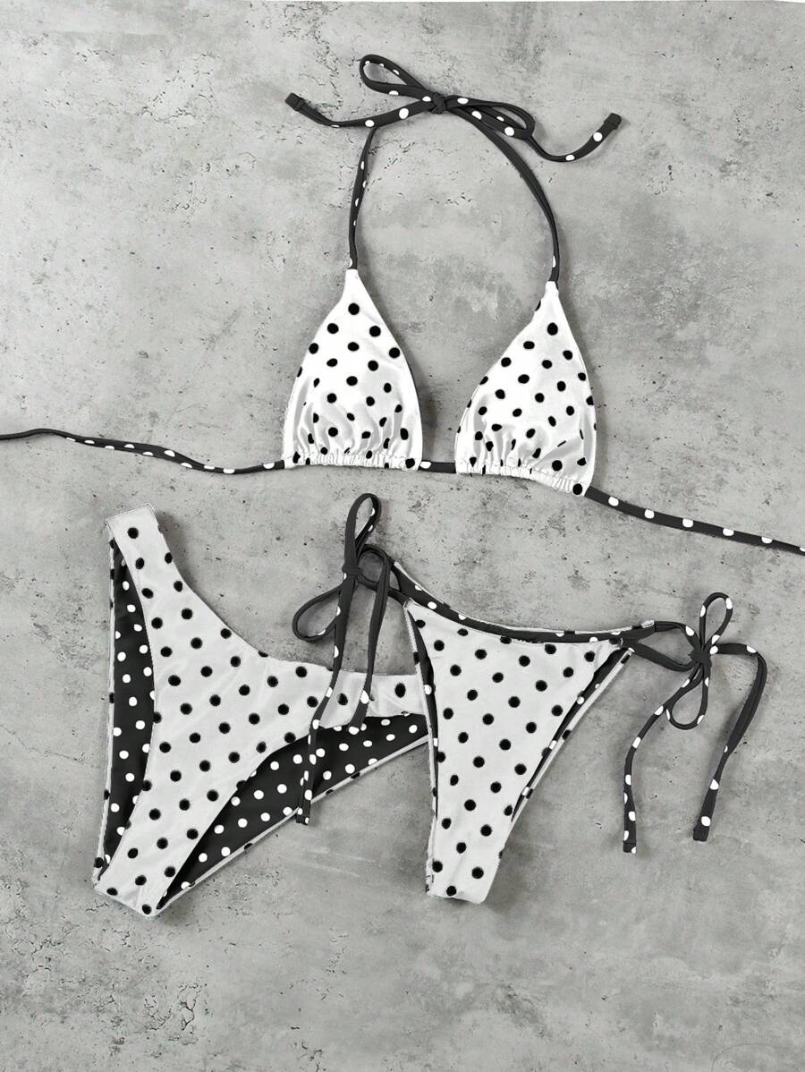 Valentine's Day Sexy Polka Dot Print 3 PiecesWomen Bikini Swimsuit - Multicolor - View 1