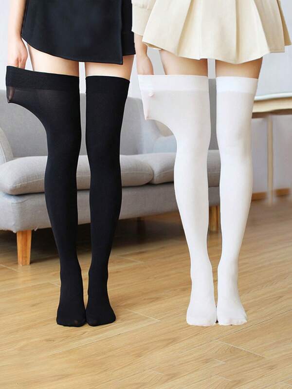 2 Pairs Women Over-The-Knee Thigh High Socks, Black & White, Fashionable Minimalist Style For Casual, Daily, Party, School Season, College Look