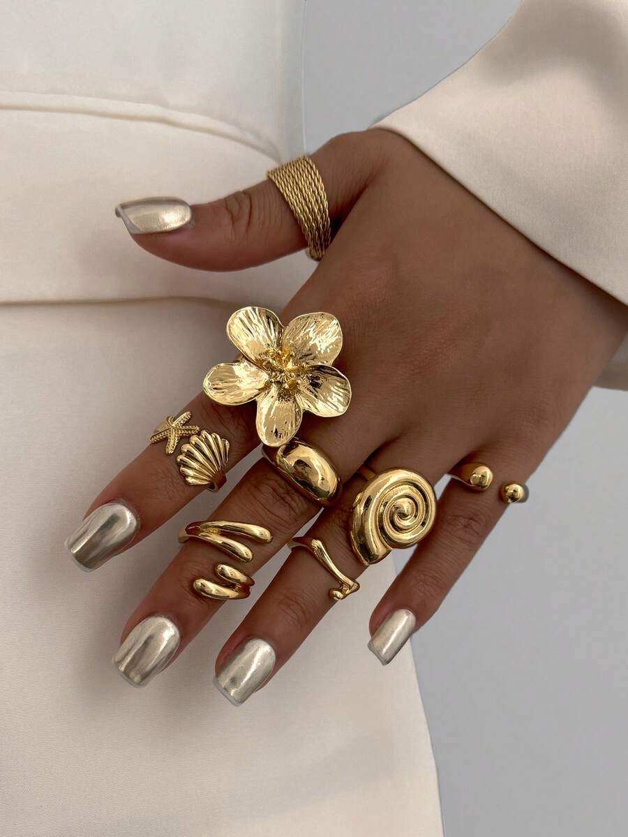 8 件套复古光滑素色戒指，波西米亚海星戒指，时尚花朵和水滴设计戒指，适合女性日常佩戴和派对装饰，节日礼物