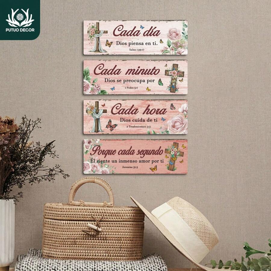 Putuo Decor 2D Flat 4pcs Spanish Religion Wooden Sign Wall Sticker, Cada Día Dios Piensa En Ti, Wall Art Decor For Home Living Room Church, Gift For Birthdays, Weddings, Anniversaries, Christmas, Thanksgiving