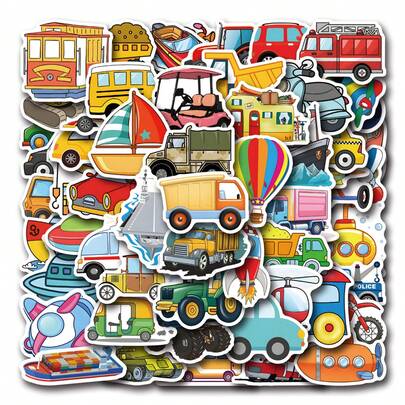 56pcs Transport Stickers, Transportation Stickers With Construction Truck Digger Engineering Car Train Motorbike Fire Truck Crane Airplane, Cute Cartoon Vinyl Stickers For Water Bottle Scrapbook