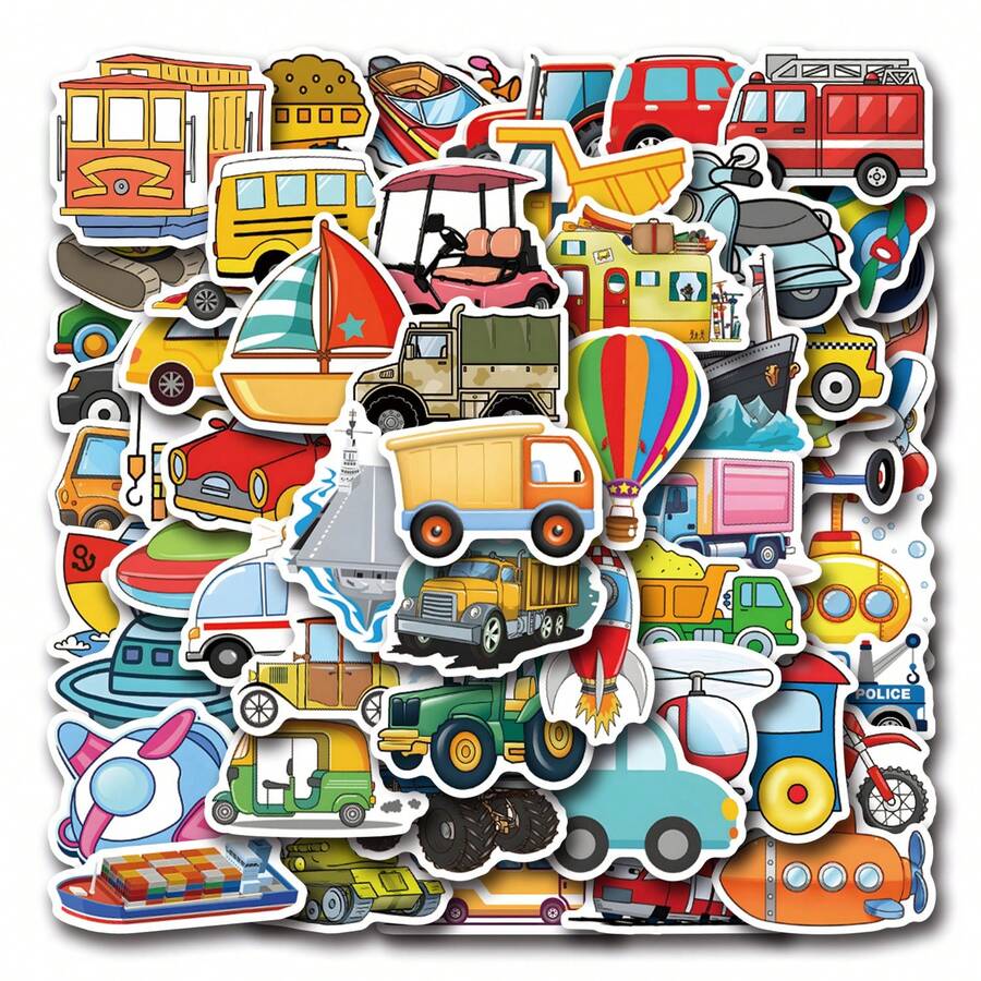 56pcs Transport Stickers, Transportation Stickers With Construction Truck Digger Engineering Car Train Motorbike Fire Truck Crane Airplane, Cute Cartoon Vinyl Stickers For Water Bottle Scrapbook