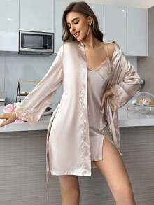 Conjunto de pijama elegante de color liso para mujer,Incluye vestido lencero de encaje y bata de satén - Champán - Ver 6