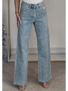 Women's Rhinestone Jeans High Waist Sright Leg Baggy Y2K Sparkly Vintage Wash Trousers Denim Pants - 藍色 - 查看 6