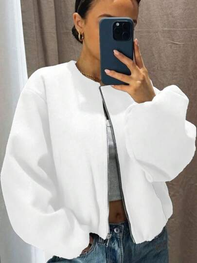 Chaqueta de béisbol para mujer, chaqueta bomber, estilo callejero, cuello redondo, hombros caídos, mangas farol, cremallera, chaqueta exterior, otoño/invierno