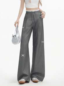 美式灰色条纹蝴蝶结高腰阔腿蕾丝休闲女裤