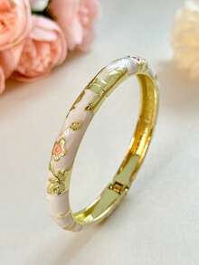 1 pieza Brazalete de estilo vintage con esmalte floral dorado, pulsera dorada, accesorio de joyería apta para niñas y mujeres, uso diario y regalo para festividades