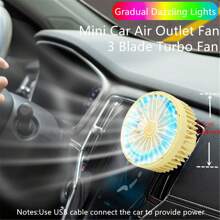 1 pieza Ventilador de salida de aire del coche con ajuste USB, ventilador turbo de 7 aspas de gran potencia con luz atmosférica de color degradado, bajo nivel de ruido y función múltiple, mini ventilador de refrigeración interior para el automóvil