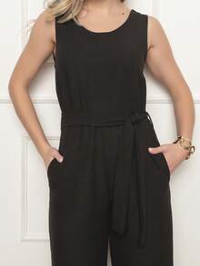 Women's Sleeveless Long Jumpsuit With High Waist Tie Belt And Side Pockets – Elegant And Comfortable - 黑色 - 查看 6
