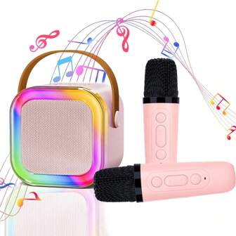 Mini Karaoke Machine With 2 Wireless Microphones - USB Rechargeable, Wireless Speaker For Birthday Parties And Family Entertainment, 7-Color LED Light, Suitable For Birthday Parties, Family Gatherings, Christmas Gifts, New Year'S Gifts, Birthday Gifts
