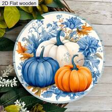 2D Flat, 1pc Charming Blue Colorful Flowers Pumpkin Pattern Wooden Sign Ornament Autumn Thanksgiving Hanging Decoration Ornament Festival Decoration Plaque Hanging Door Decoration Wall Decoration Home Decoration Holiday Gifts Thanksgiving Gifts