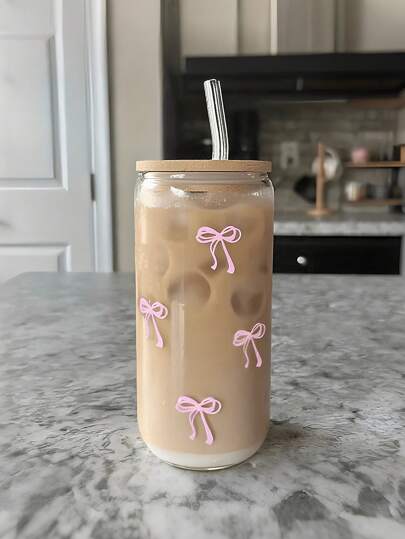 1 Set (Cup + Lid + Straw) Pink Bow Glass Cup, Outdoor Travel Portable Large Capacity Water Bottle, Exquisite Cute Milk Tea Cup, High-Quality Juice/Coffee Cup, Suitable For Summer/Autumn/Winter, Christmas/Christmas Decor/Halloween Decor/Christmas Gift/Christmas Home/Kitchen Decor Accessories