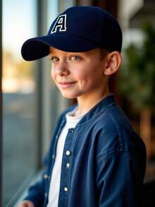 1pc Kids 26 Letter Pattern Baseball Cap, Boys & Girls Sun Hat, Suitable For Outdoor Activities And Daily Wear, UV Protection - Navy Blue - View 2