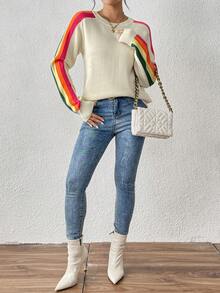 Áo len nữ tay dài cổ tròn kẻ sọc cầu vồng nhiều màu sắc, kiểu dáng thường ngày, chất liệu nhẹ, thích hợp cho mùa thu/đông. - Màu be - Xem 8