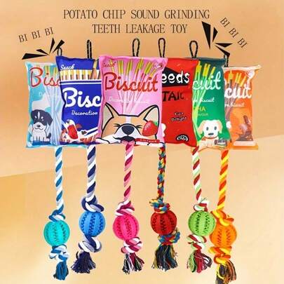 1 Set Pet Toys, Includes Sound Chip, Knotted Rope, And Ball, Suitable For Interactive Play With Dogs, Potato Chip Shaped Sound & Chew Toy, Cotton Rope Dental Cleaning Toy, Large Dog Toy, Self-Entertainment & Relaxation