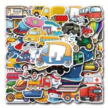56pcs Transport Stickers, Transportation Stickers With Construction Truck Digger Engineering Car Train Motorbike Fire Truck Crane Airplane, Cute Cartoon Vinyl Stickers For Water Bottle Scrapbook