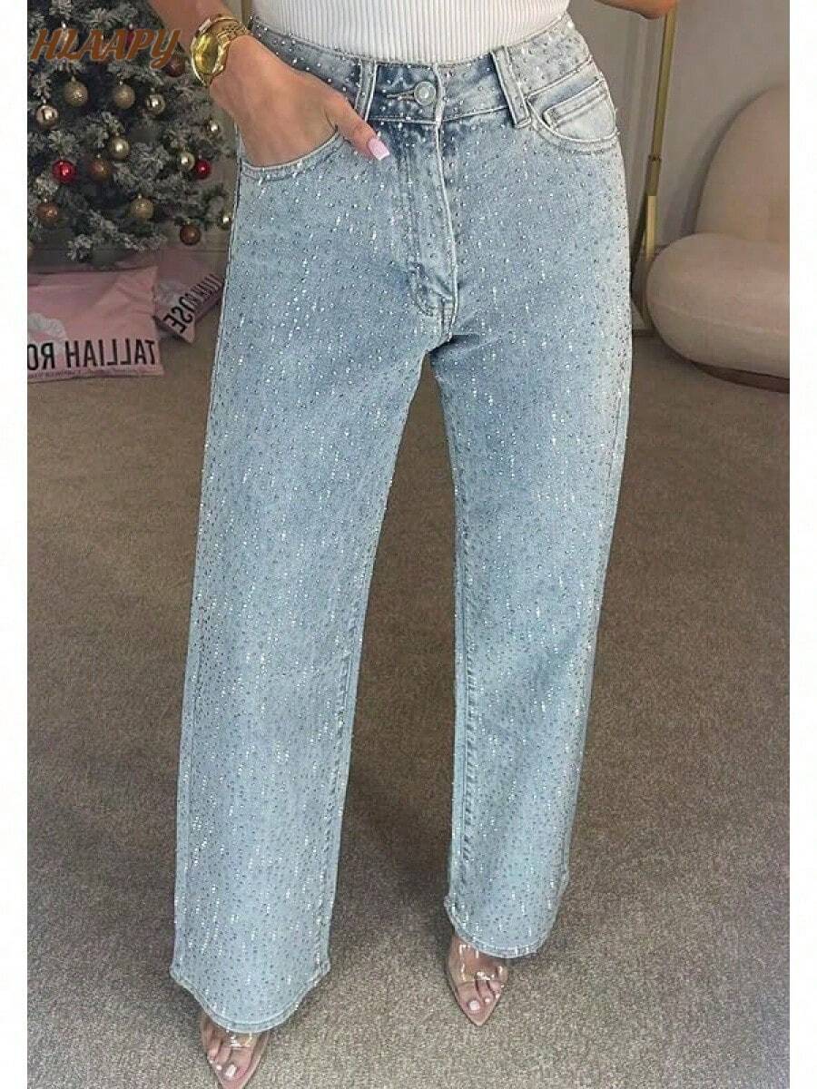 Women's Rhinestone Jeans High Waist Sright Leg Baggy Y2K Sparkly Vintage Wash Trousers Denim Pants - 藍色 - 查看 1