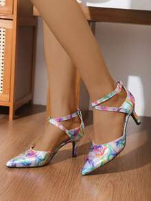 Scarpe da donna con tacco alto in raso con motivo floreale, chiuse sulla punta, con design traforato e versatili