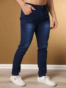 Men's Basic Jeans With Elastane And Pockets Direct From The Factory - 深色水洗藍 - 查看 4