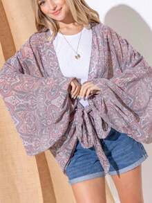 Womens Casual Cover Up Boho Chic Paisley Print Bell Sleeve Kimono Cardigan Front Tie Wrap Light Gray Pink Pattern Open Front Beach Resort Wear Summer Spring Vacation Beachwear Loose Fit - 多 - 查看 4