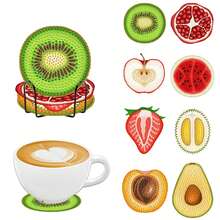 8 piezas Posavasos con diseño de frutas, formas redondas y asimétricas, kit de pintura de diamantes, material de madera con soporte, arte de diamantes DIY mosaico de cristal Posavasos y soportes para posavasos, adecuado para uso diario en la oficina, decoración del hogar, regalos para principiantes