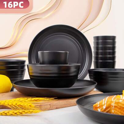 16 Pcs/Set Durable Wheat Straw Dinnerware Set - Reusable Plates, Bowls, And Cups - Black (Set Of 4) Perfect For Everyday Use