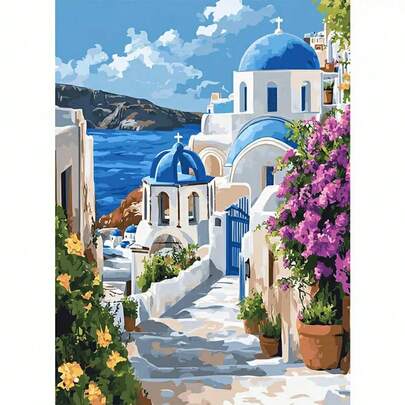 5D钻石画套装 蓝色希腊圣托里尼风景帆布墙画，5D全钻圆形钻石画套装，现代风格希腊风景帆布墙画，适合初学者的马赛克工艺品，家居装饰，节日礼物，情人节礼物，斋月礼物