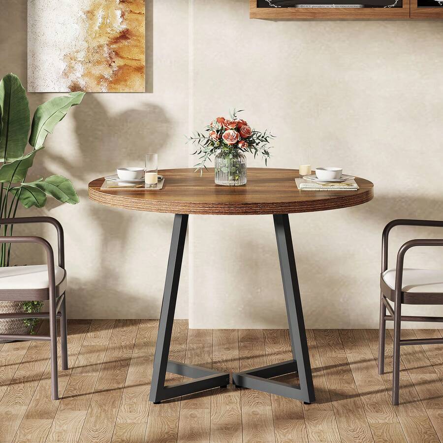 Tribesigns Industrial Round Dining Table For 2, 31.5" Dinner Table With Metal Base, Kitchen Table For Dining Room, Small Space, Apartment, Rustic Brown & Black - Brown - View 1