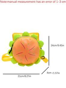 1 件汉堡主题斜挎包。卡哇伊向日葵汉堡包。适合学校郊游的可爱休闲背包。充满活力的 3D 花卉设计，中心为橙色和红色旭日图案，顶部为黄色拉链。适合青少年女孩的俏皮迷你钱包，可爱卡通美学单肩包。非常适合办公室、大学、工作、商务、通勤、户外活动、旅行、郊游等场合。