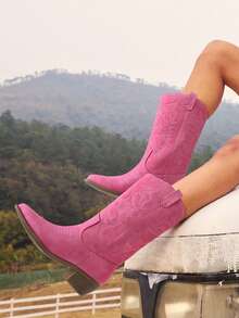 Women'S Cowboy Western Boots Point Toe Pull On Cowgirl Boots  Embroidered Detail Chunky Heeled Back To School Music Festival Matching Dress Mid Calf Hot Pink Boots - 玫紅色 - 查看 4