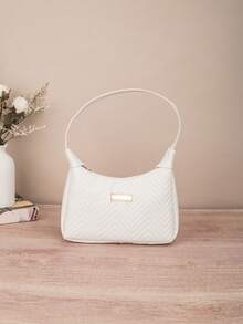 荔枝纹 PU 女包，时尚女士单肩包，纯色合成皮革手提包，拉链开合，带腕带，涤纶衬里，多功能腋下饺子包 - 有白色、黑色、粉色、卡其色、棕色可选